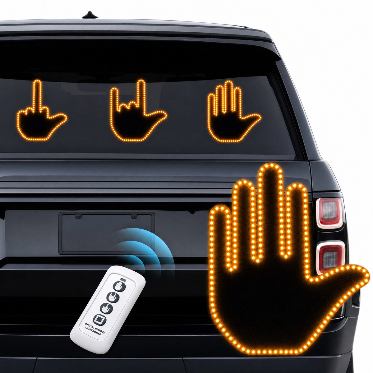 Gag Hand signs on a car rear window